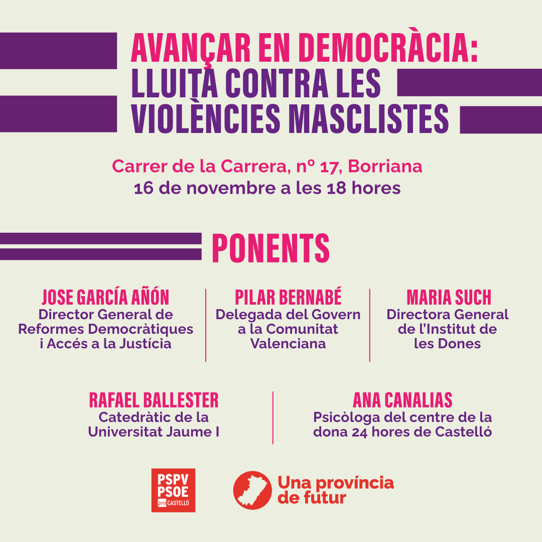 You are currently viewing El PSPV posarà en valor en Borriana el paper dels governs socialistes en la lluita contra la violència masclista en un col·loqui amb motiu del 25-N